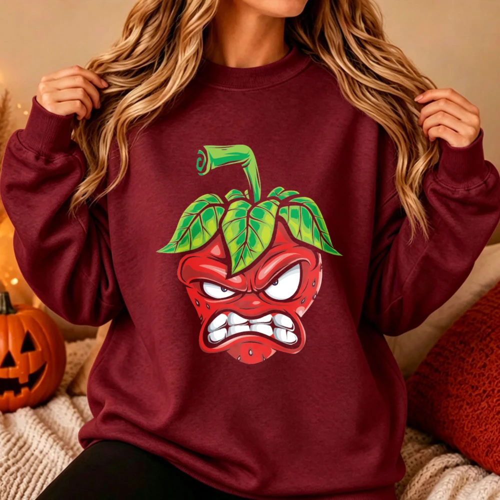 Angry Cartoon Strawberry Face Pullover Hooded Sweatshirt Funny Mad Fruit Character Print Casual Streetwear Soft Autumn Daily Top