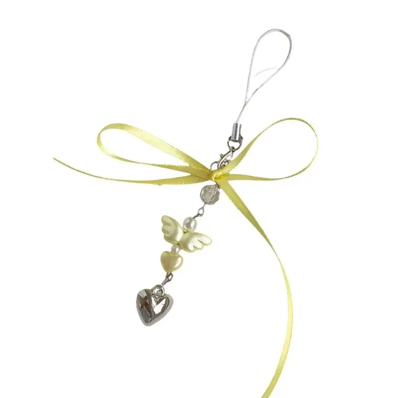 A52E Charm-Handykette in Herzform aus Silber, verziert mit Engelsflügel und Band – Detail 4