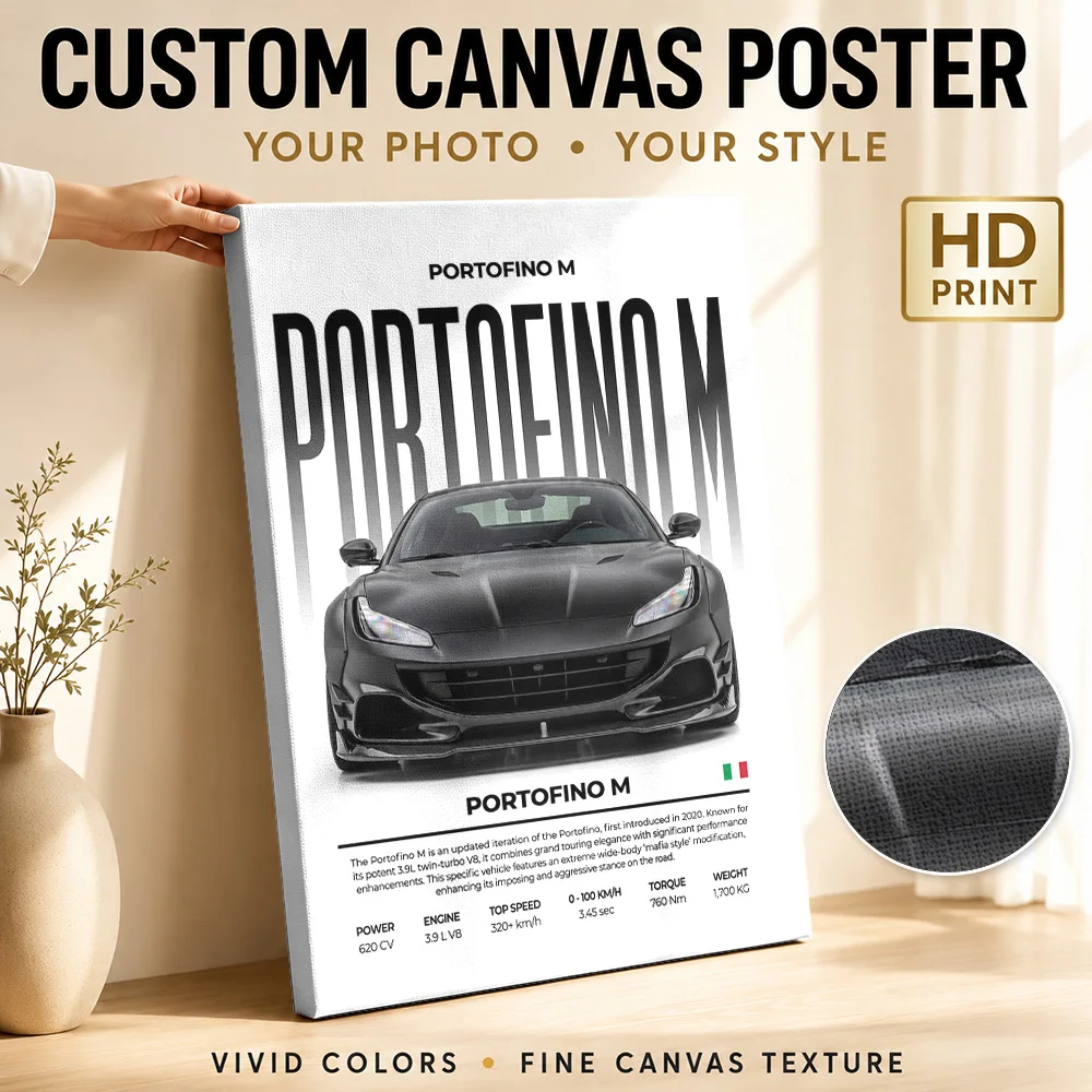 Black Sleek Portofino M Car Canvas Poster Customized Photo Dynamic Illustration Style Canvas Wall Art Garage Home Office Decor