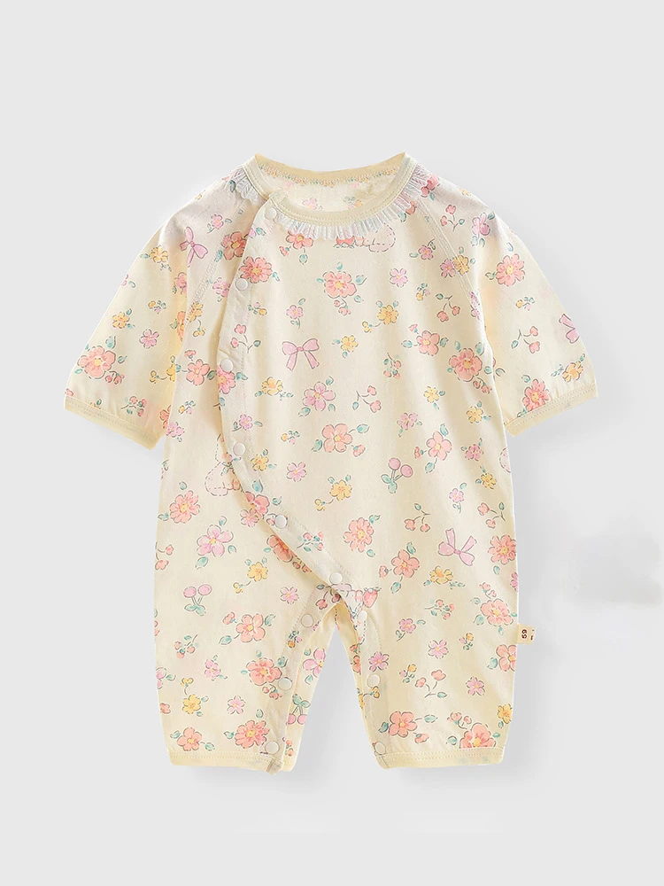 

2026 Summer Newborn Cotton Gauze Romper Cute Cartoon Print Breathable Side-Snap Button Baby Jumpsuit