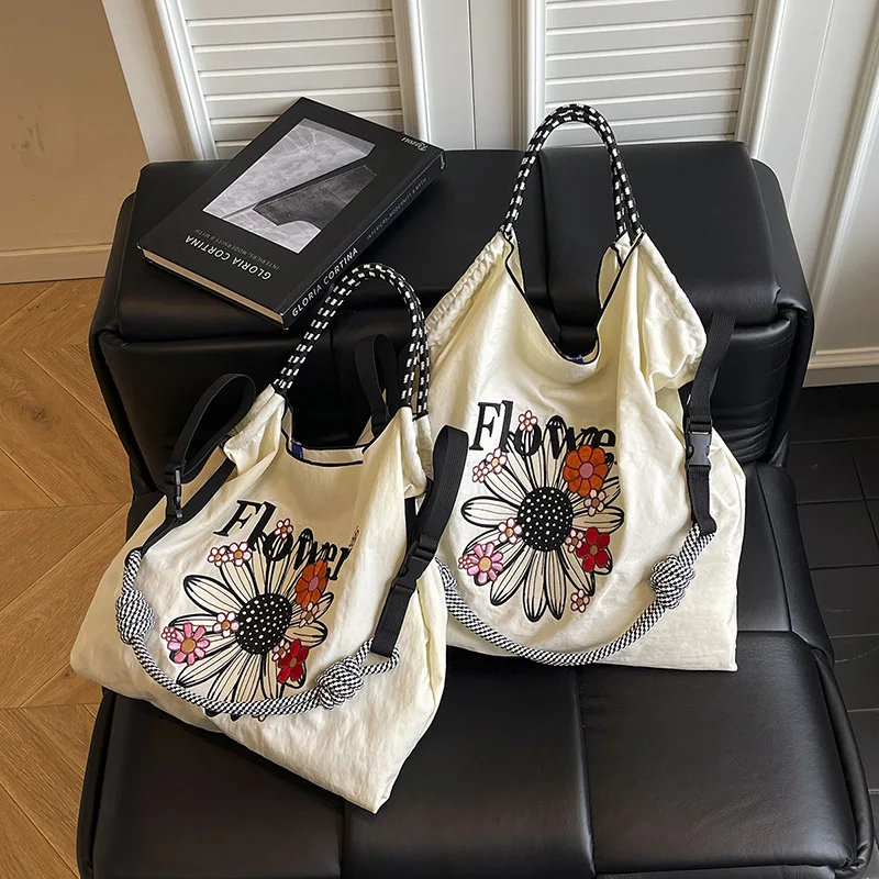 

Floral Embroidered Shoudler Crossbody Bags Large Capacity Oxford Tote Bags for Women Fashion Simple Texture Storage Bags