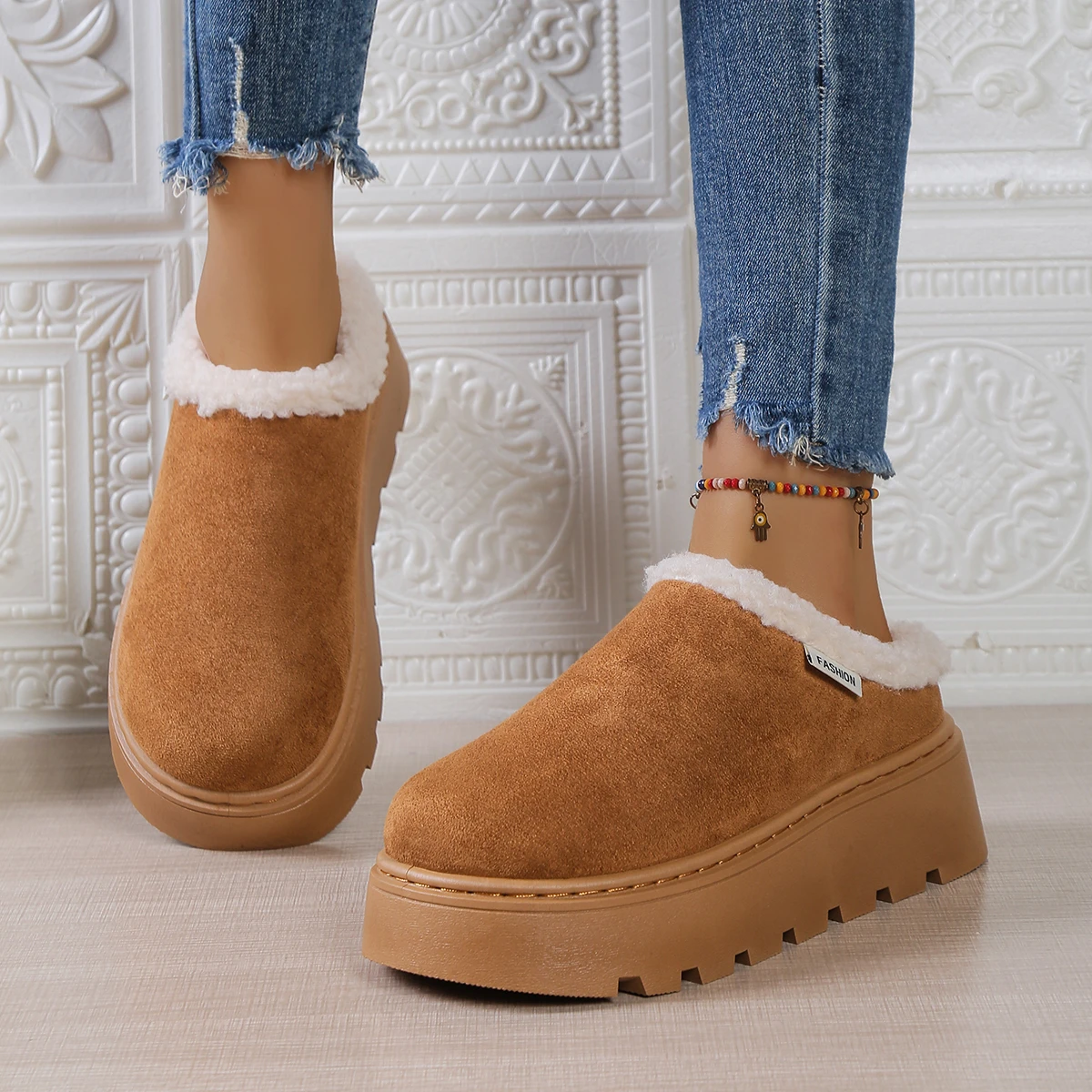 Women Ankle Boots Trend Thick Bottom Cotton Snow Boots Women Winter Casual Slip-On Shoes Comfortable Thickened Fluff Shoes Women