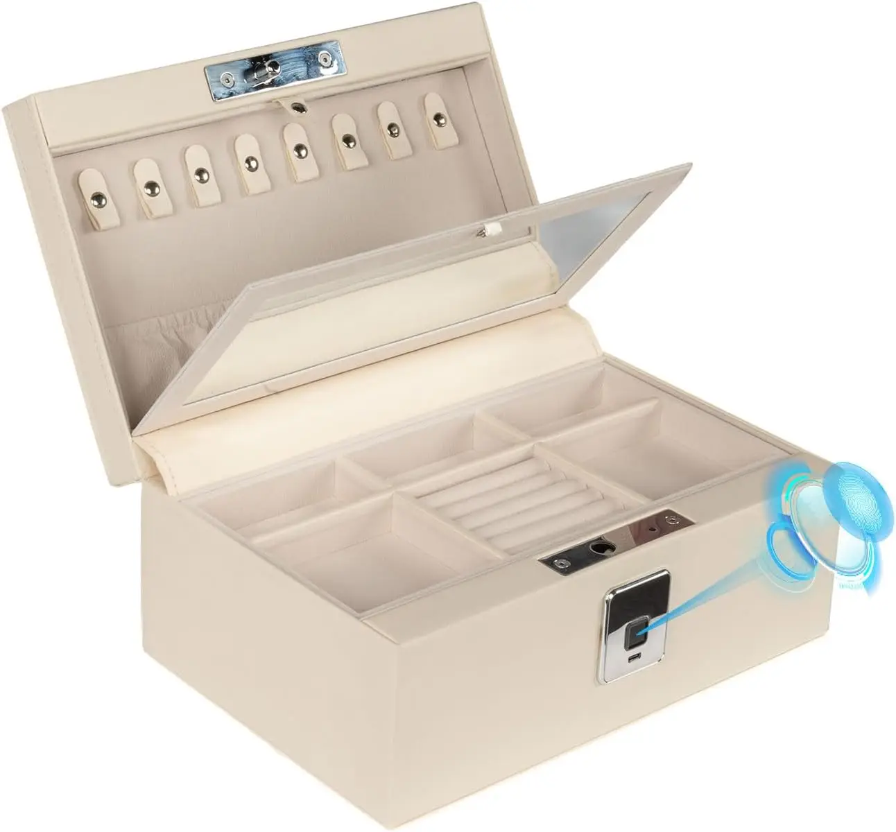 Jewelry Safe Box Biometric Fingerprint Lock Box Leather Wrapped Storage Organizer Case With Mirror Portable Travel Tray Three Tier Security Safe Box Home Use White