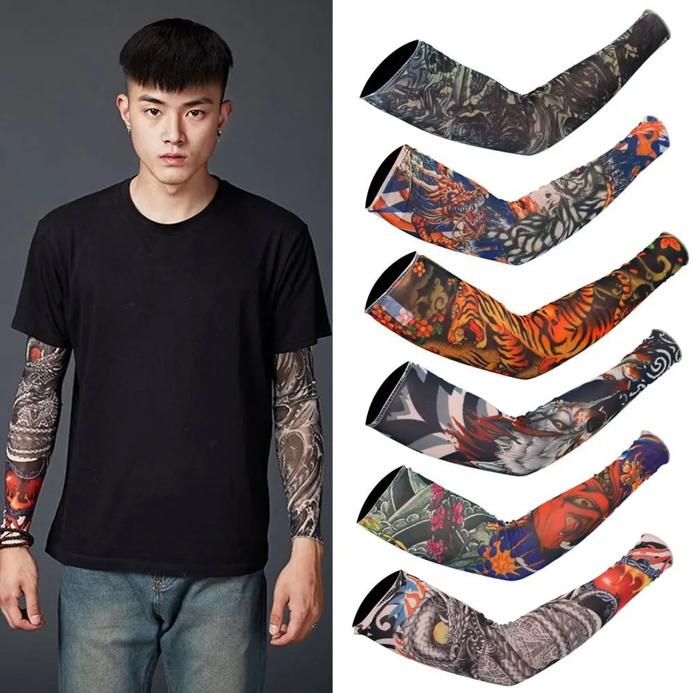 Flower Arm Tattoo Sleeves Seamless Outdoor Riding Sunscreen Arm Sleeves Sun Uv Protection Arm Warmers For Men Women