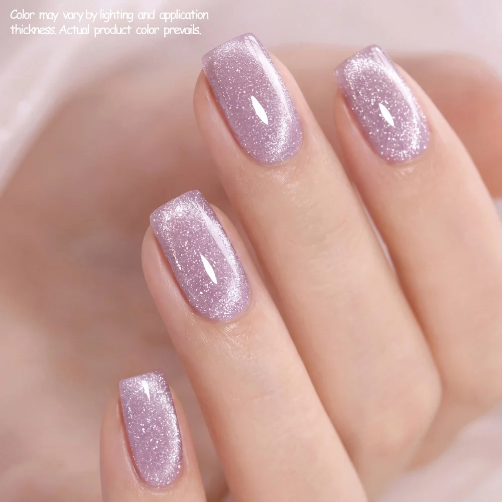Visuatia 9D Cat Eye Gel Polish features a peachy nude tone with a delicate, elegant color. The internal magnetic glitter particles are evenly distributed. A thin application gives a clear texture, while layering the pr