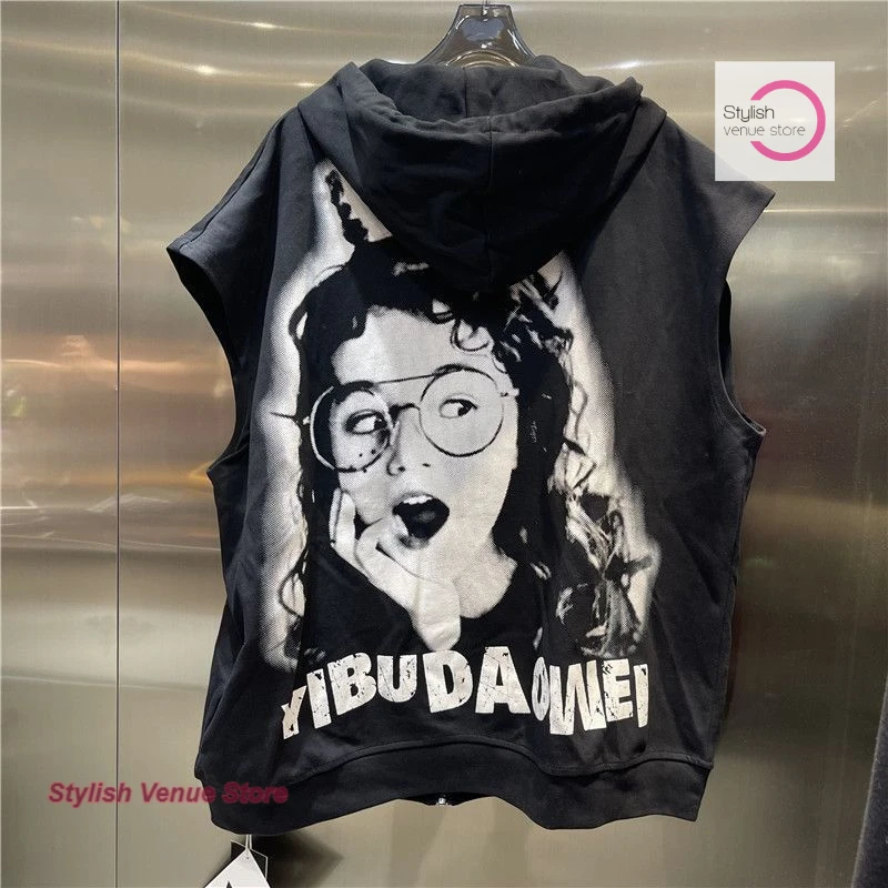 American fashion street letters cartoon print hooded zipper cardigan sweater women's summer loose casual vest short sleeves