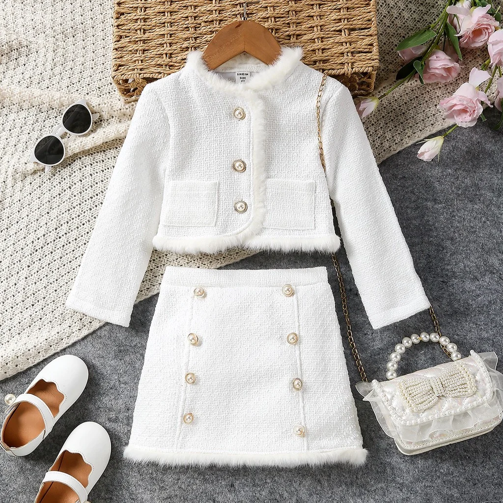 2PCS Kid Girl Clothing Set Fashion Temperament  Autumn&Winter Long Sleeve Short Jacket+Plush Skirt  for Children Girl 3-7 Years