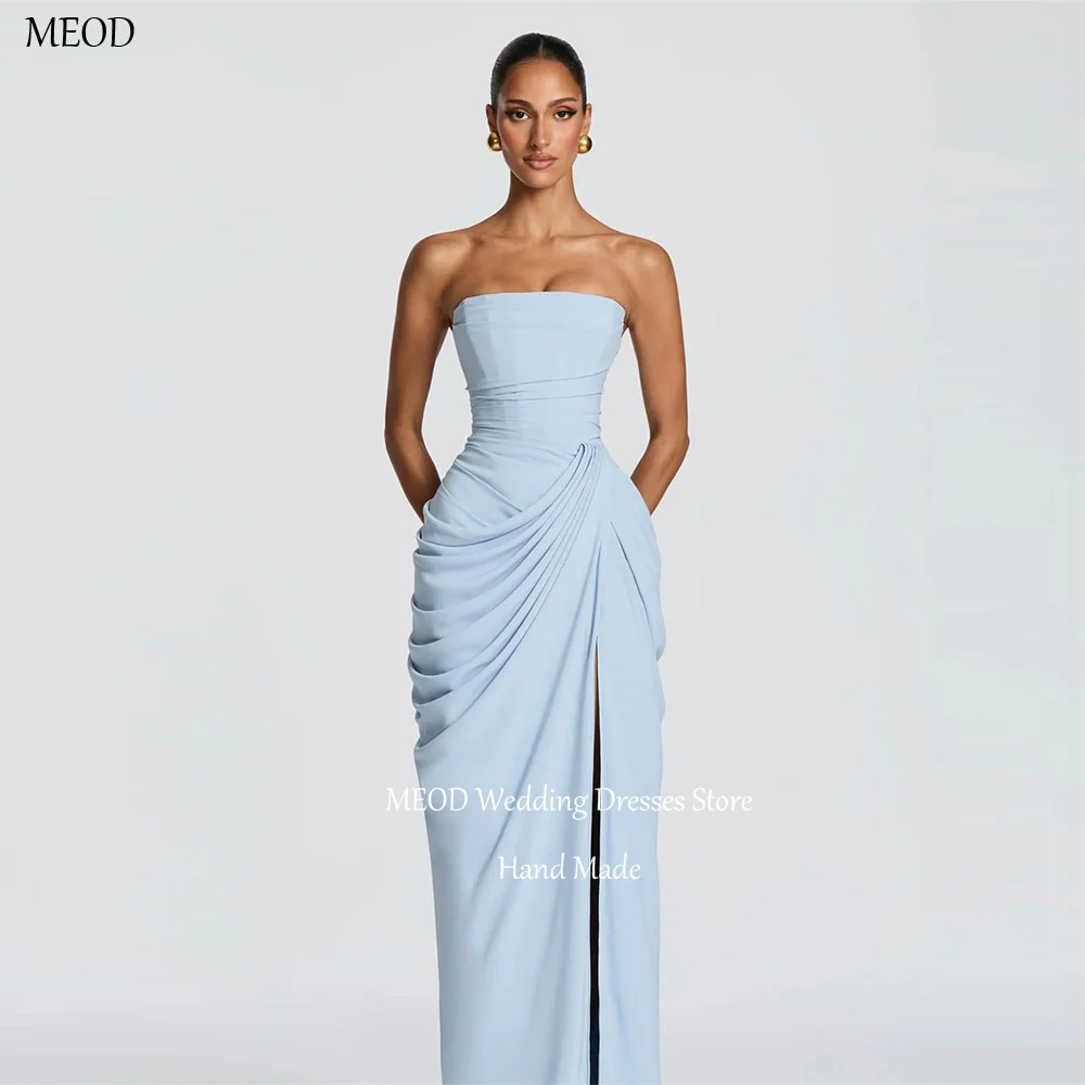 MEOD Sky Blue Satin Strapless Evening Dresses Women High Slit Sleeveless Prom Gowns Floor Length Elegant Party Dress Customized