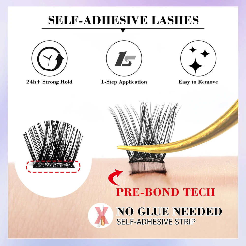 Press on Self-adhesive Lash Clusters No Glue Needed Mix Length D Curl No Sticky Residue Cluster EyeLashes Natural Look Beauty