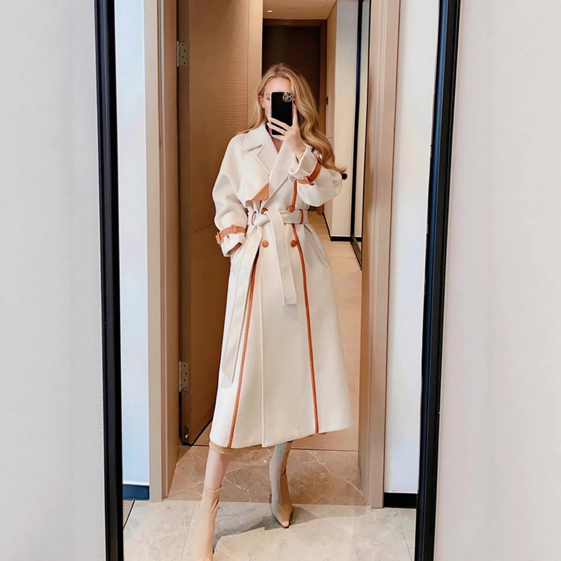 Notched Lapel Turn Down Collar Coat with Extra Long Length Loose Fit Elegant Women Coat Graceful Commuter Thick Regular Sleeve