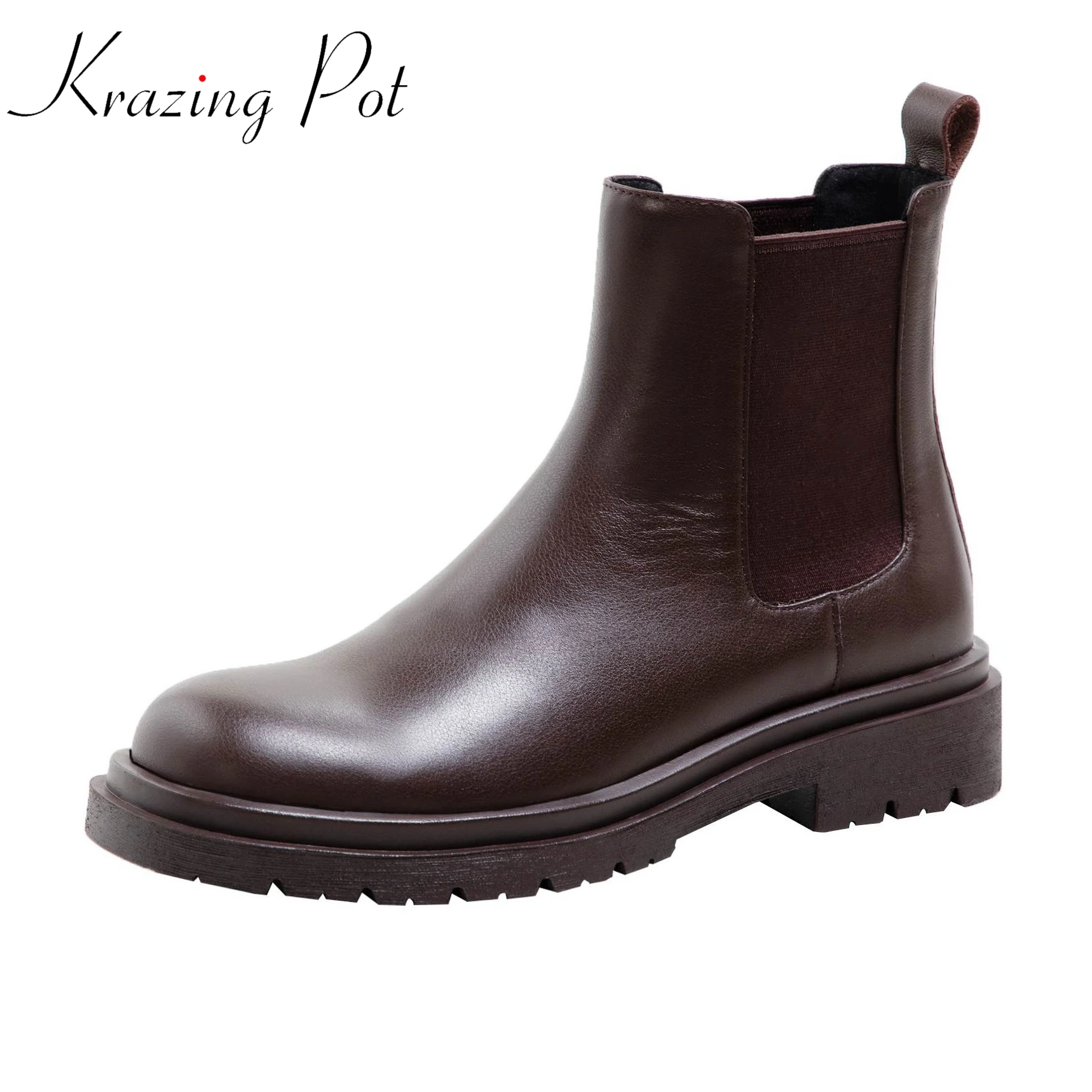 Krazing Pot Cow Leather Basic Clothing Round Toe Slip on Gladiator Chelsea Boots Thick Low Heels High Fashion Ankle Boots L81