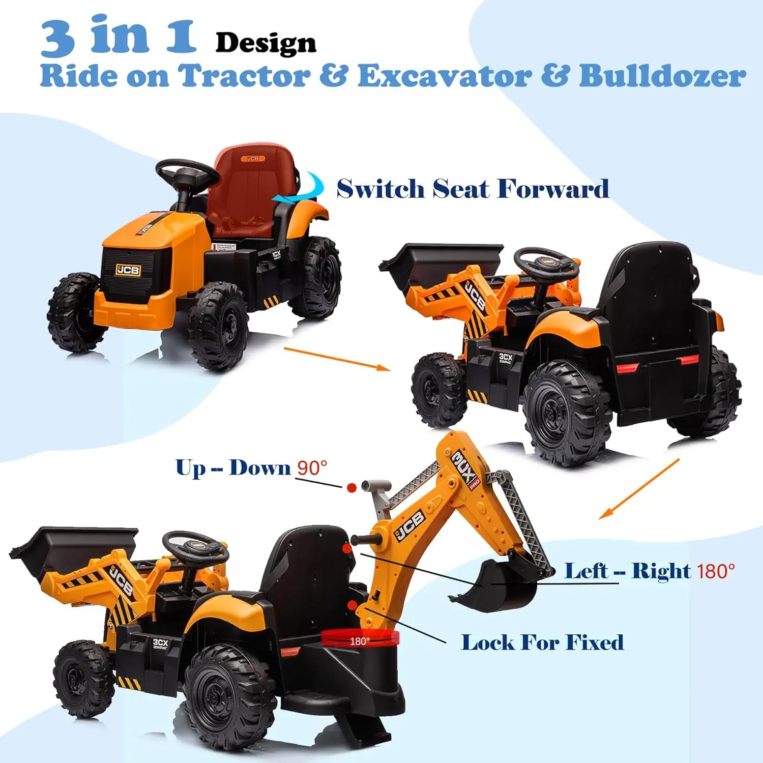 24V rit op graafmachine, elektrisch bouwvoertuig voor kinderen van 3-8 met tractor, bulldozer, graafarm, afstandsbediening