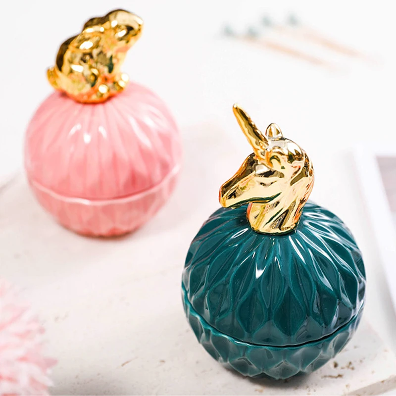 Nordic Dark Green Ceramic Animal Electroplating Ornaments Creative Girl Jewelry Ring Box Sealed Storage Box Hand Gift Mini Jar