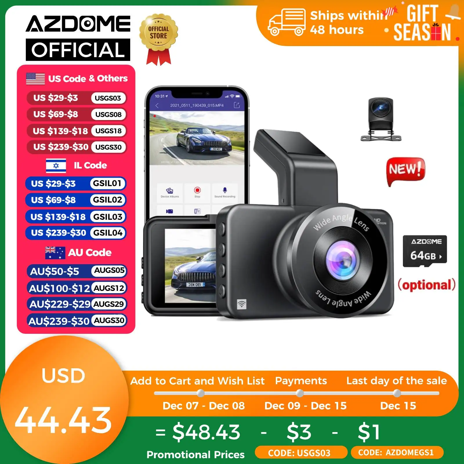 2024 New AZDOME Dash Cam M17Pro 2K+1080P 150°FOV Car DVR Wifi ADAS 24H Parking Mode Loop Recording Super Night Vision G-Sensor