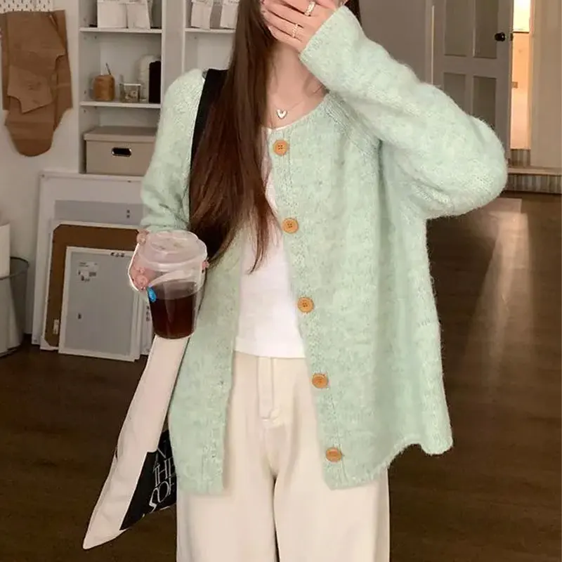 

Female Clothing Korean Round Neck Sweaters Casual Loose Autumn Winter Solid Color Basic Fashion Single-breasted Knitted Cardigan
