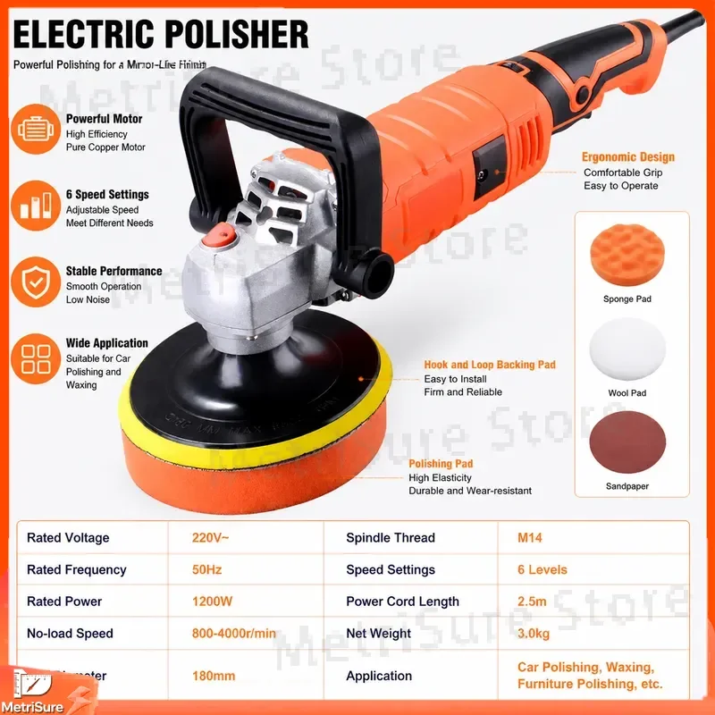 7 Inch Portable Polisher 1200W 10A Variable Speed Car Boat RV Motorcycle Waxing Polishing Buffer Detailing Tool