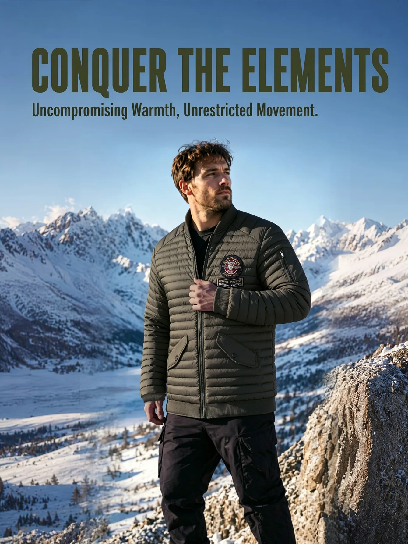 Winter Men's Slim Fit Quilted Jacket Casual Lightweight Windproof Outdoor Pilot Jacket with Embroidery And Pockets