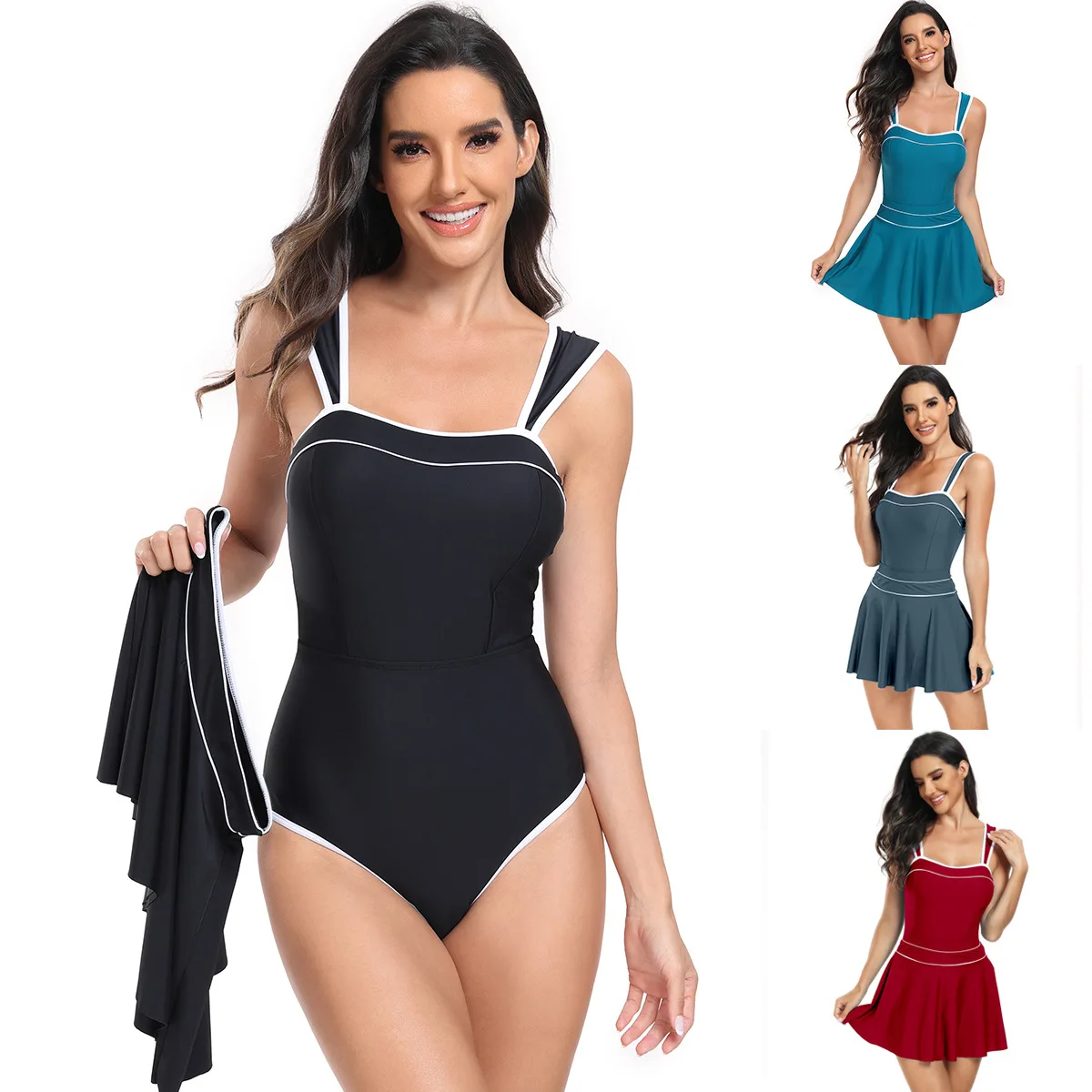 

One-Piece Patchwork Swimsuit for Women, Padded Lined Beachwear, Deep V-neck, Sexy Back Cutout, Elegant, 1Pc