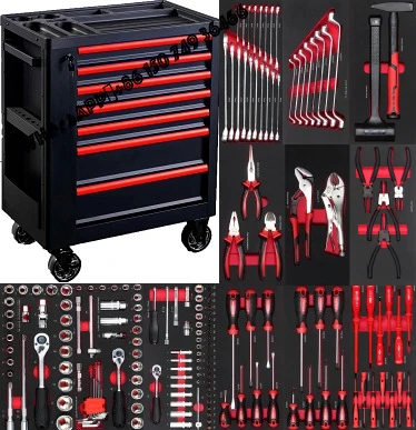 

HOT Auto Repair Lockable Seven-drawer Red Tool Cabinet with Five Hand Tool Sets Garage Storage 117PCS EVA Foam Garage Tool Sets