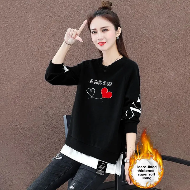 

Утепленная флисовая толстовка с длинными рукавами и круглым вырезом для женщин, весна-осень-зима, новая модель, свободный крой, модный молодежный пуловер...
