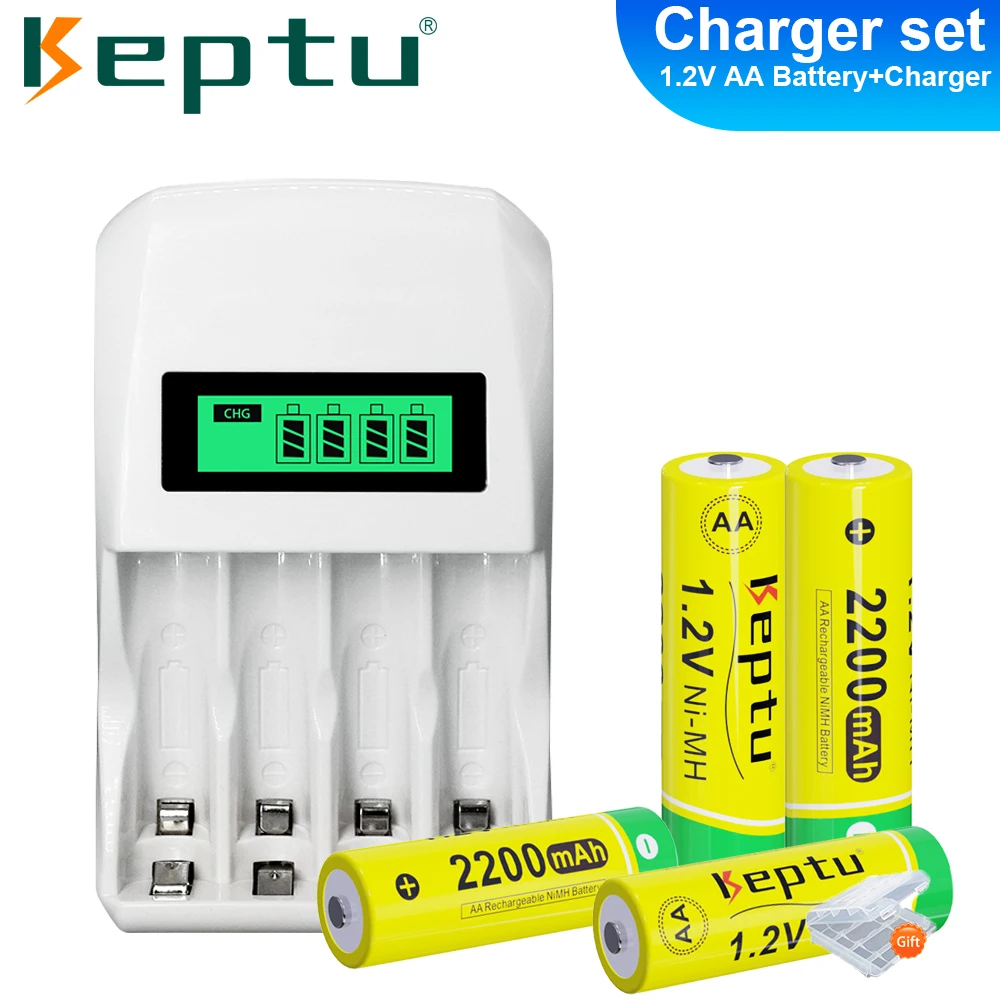 KEPTU AA Rechargeable Battery NiMH 1.2V 2200mAh Ni-MH AA Pre-charged 2A Batteries + 4-Slot LCD Fast Battery Charger