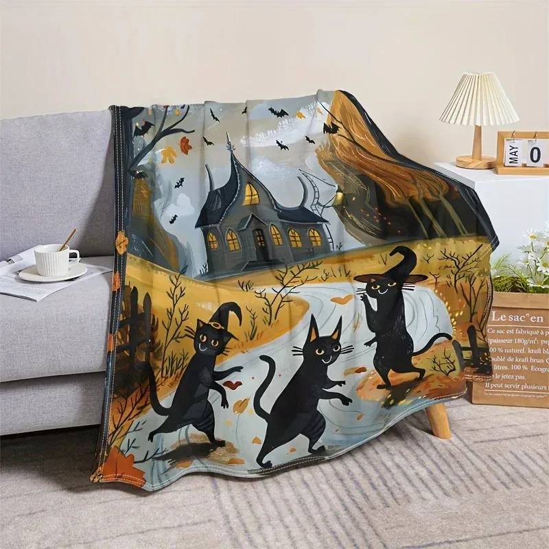 Halloween Black Cat Flannel Throw Blanket Soft Warm For Couch Bed Office Travel Perfect Holiday Gift And Home