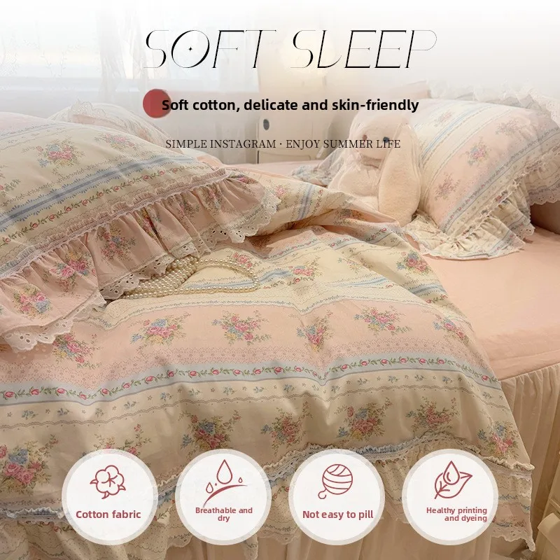 Korean Version of Princess Style Cotton Bed Four-piece Set Lace Quilt Cover Bed Hat Bed Skirt Pillowcase Bedding Set