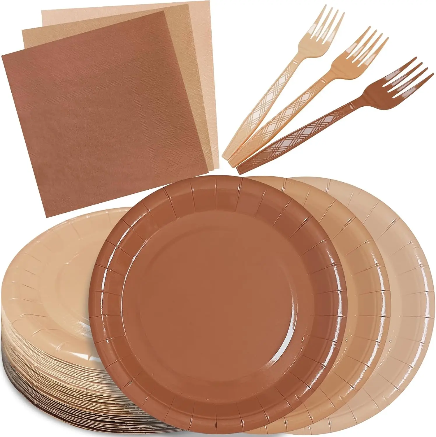 

7' Gradient Brown Paper Plates & Napkins for 35 Guests, Disposable Party Dinnerware for Wedding, Graduation