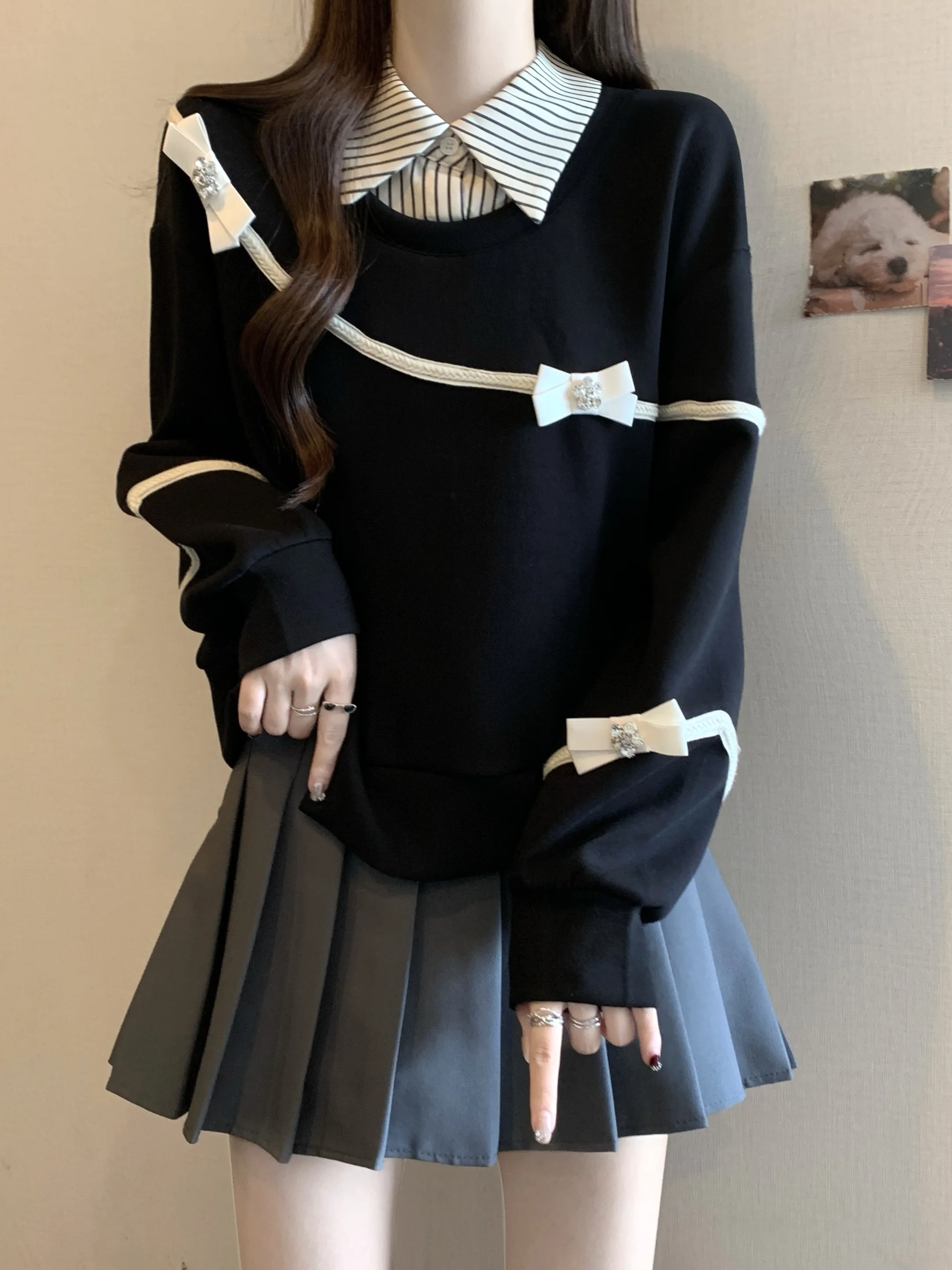 

Женская толстовка больших размеров в ретро-стиле с полосками, свободного кроя, скрывающая живот, с высокой талией, имитация двухслойности, для осени и зимы