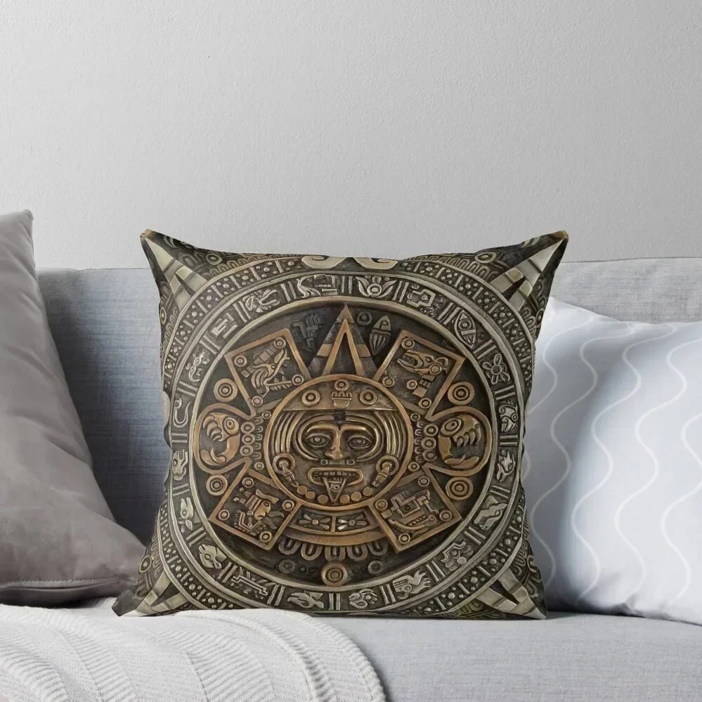 

Aztec/Mayan Calendar in Gold and Bronze Throw Pillow pillows decor home Pillow Cases Decorative Cushion Cover Luxury pillow