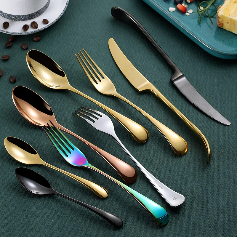 4pcs Set, Colorful Stainless Steel Flatware Kitchen Knife Spoon, Metal Mirror Servies Cutlery Spoon Fork