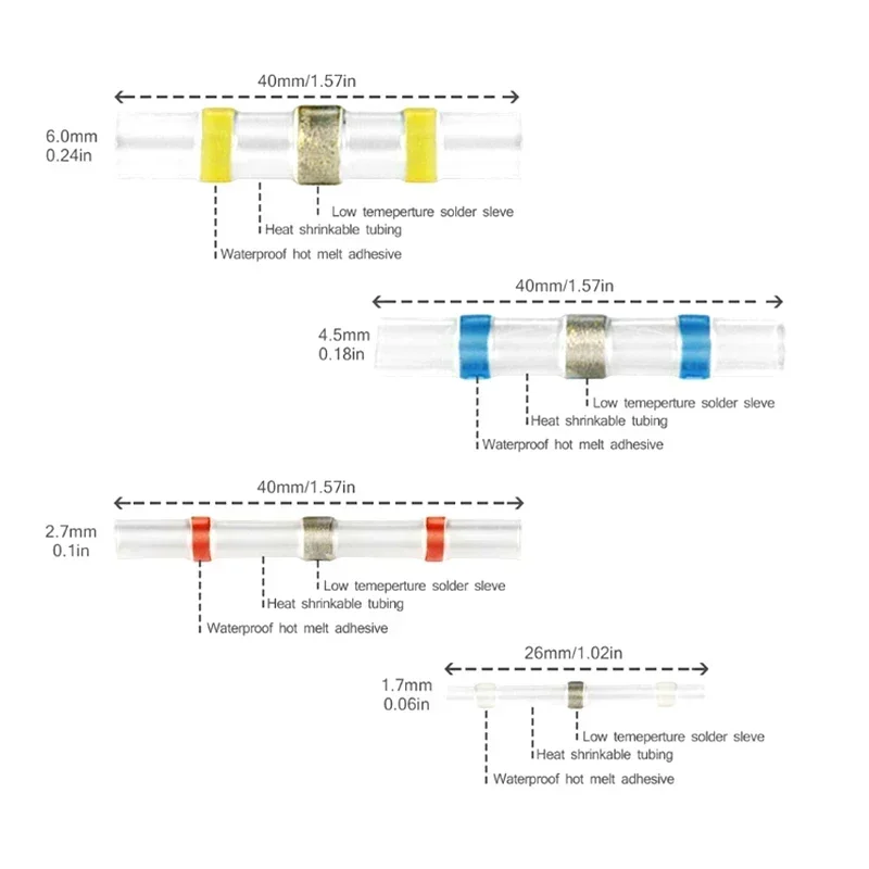 Solder Seal Wire Connectors 3:1 Shrinkage Rate Waterproof Electrical Cable Terminals Heat Shrink Tube Electrical Butt Splice