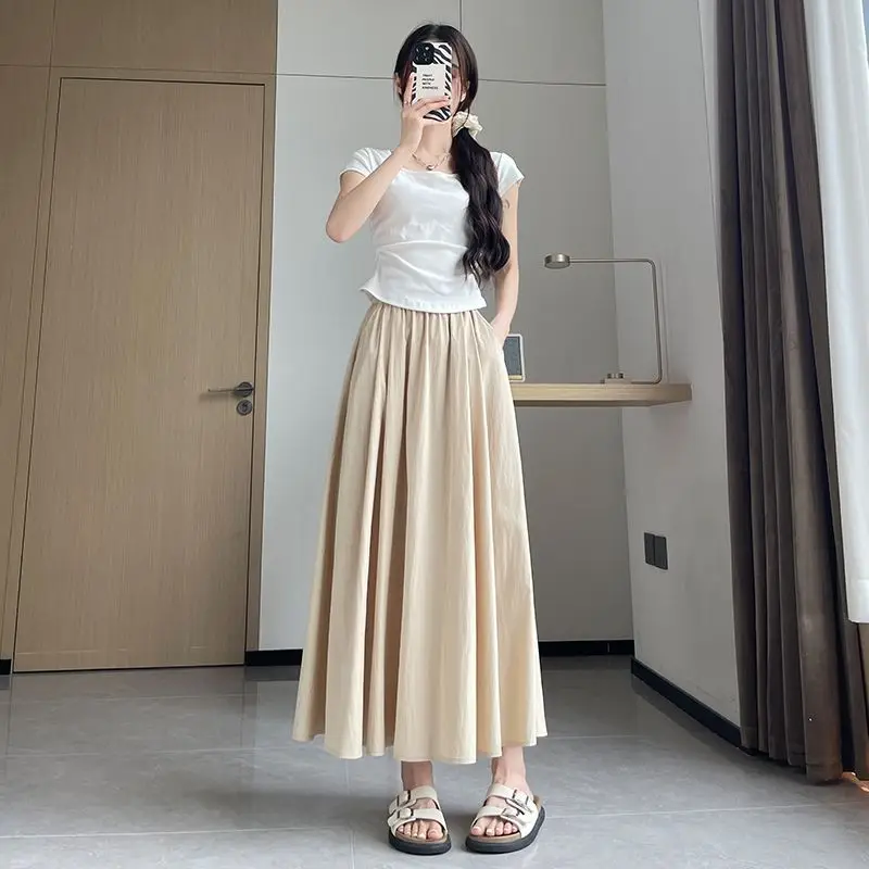 Simplicity Office Lady Summer Thin Style Women's Solid Elastic Waist Pockets Pleated Fashion Casual High Waist Midi A-line Skirt