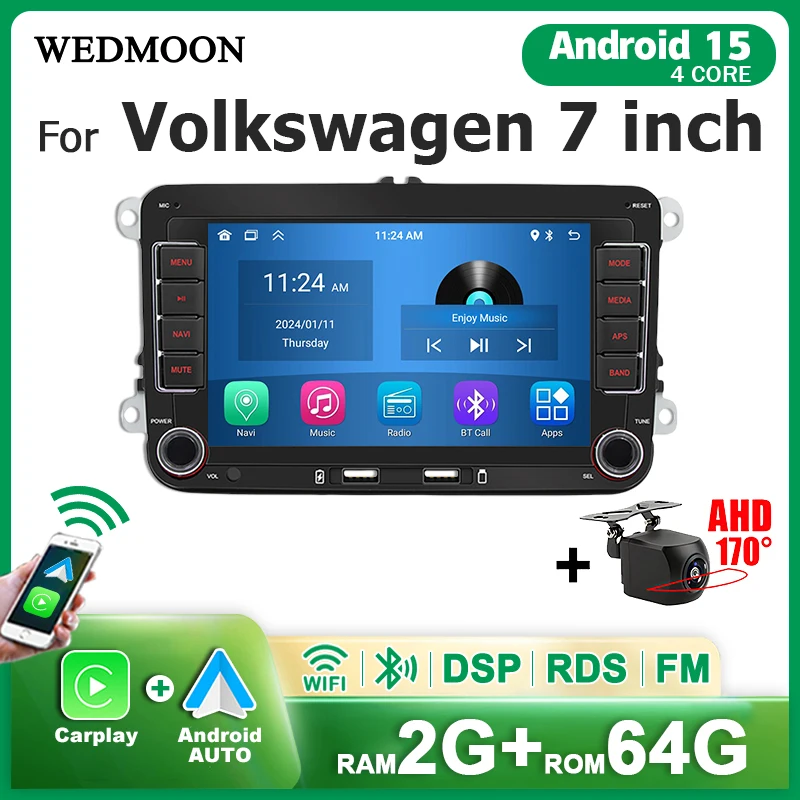 7" Screen Car Radio Android 15 Auto Wireless Carplay For VW Volkswagen Passat golf Polo Jetta Skoda SEAT Car multimedia player