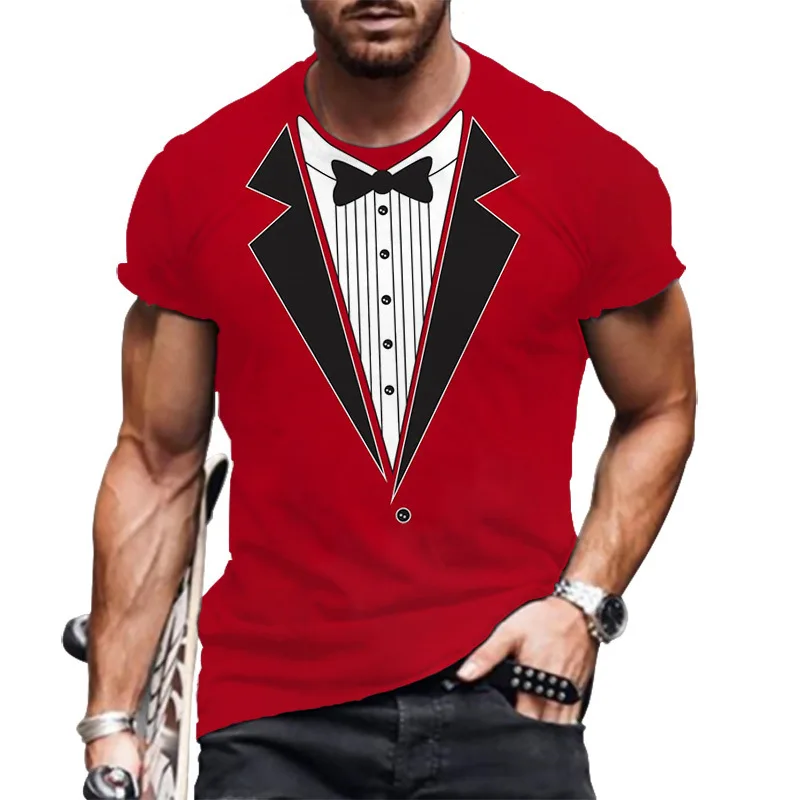 2022 Summer New Men\'s Short Sleeve T-Shirt Fake Suit Streetwear 3D Tank Top Fashion Funny Tuxedo Bow Tie 3D Print Top