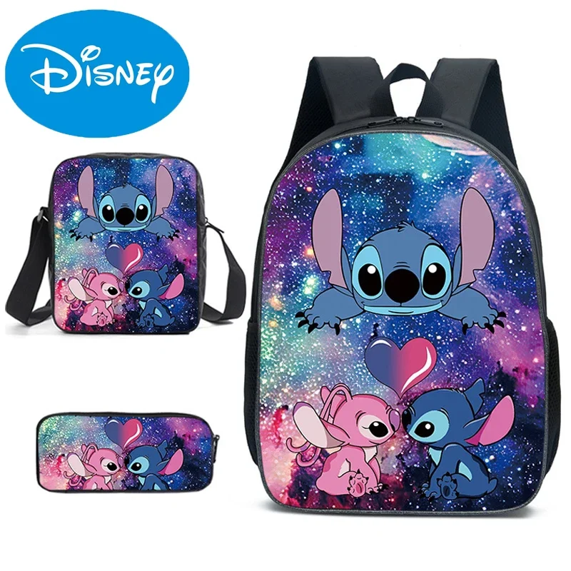 Disney Cartoon Stitch Three-piece Satchel Satchels Pen Bag in Primary School Backpack with Large Capacity and Multiple Pockets