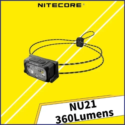 Nitecore-farol ultra leve de feixe duplo, luz vermelha branca, 360 lumens, USB-C recarregável, farol portátil, NU21, ao ar livre