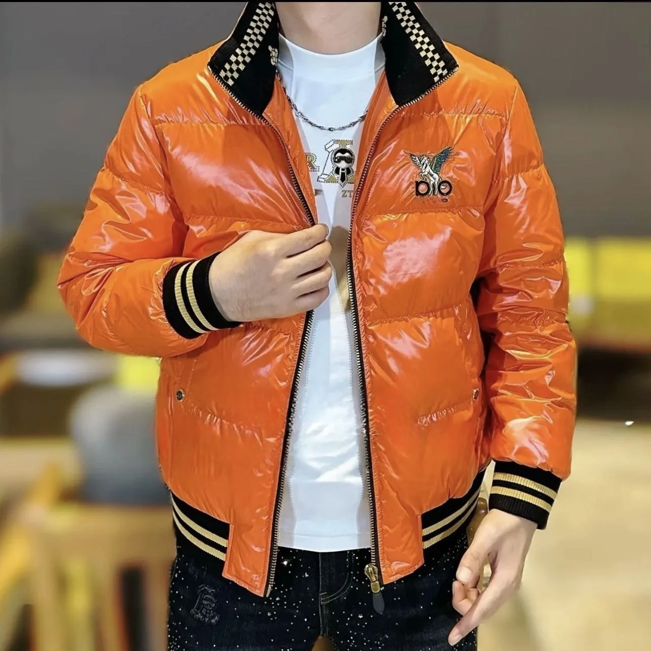 

Men's Winter Faion Slim Fit Zipper Bright Surface Embroidered Stand Collar down Jaet Youthful Vitali Sle Urban Casual...