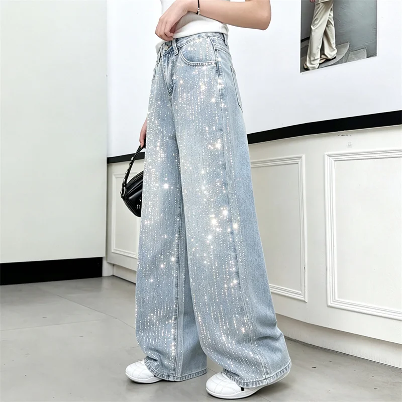 5-14T Kids Jeans with Brilliant Diamond New Fashion Wide Leg Denim Pants Casual Loose Style Kids Trousers Korean Jeans For Girls