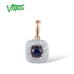 VISTOSO Genuine 14K 585 Rose Gold Pendant For Women Sparkling Natural Diamond Blue Sapphire Square Shaped Wedding Fine Jewelry