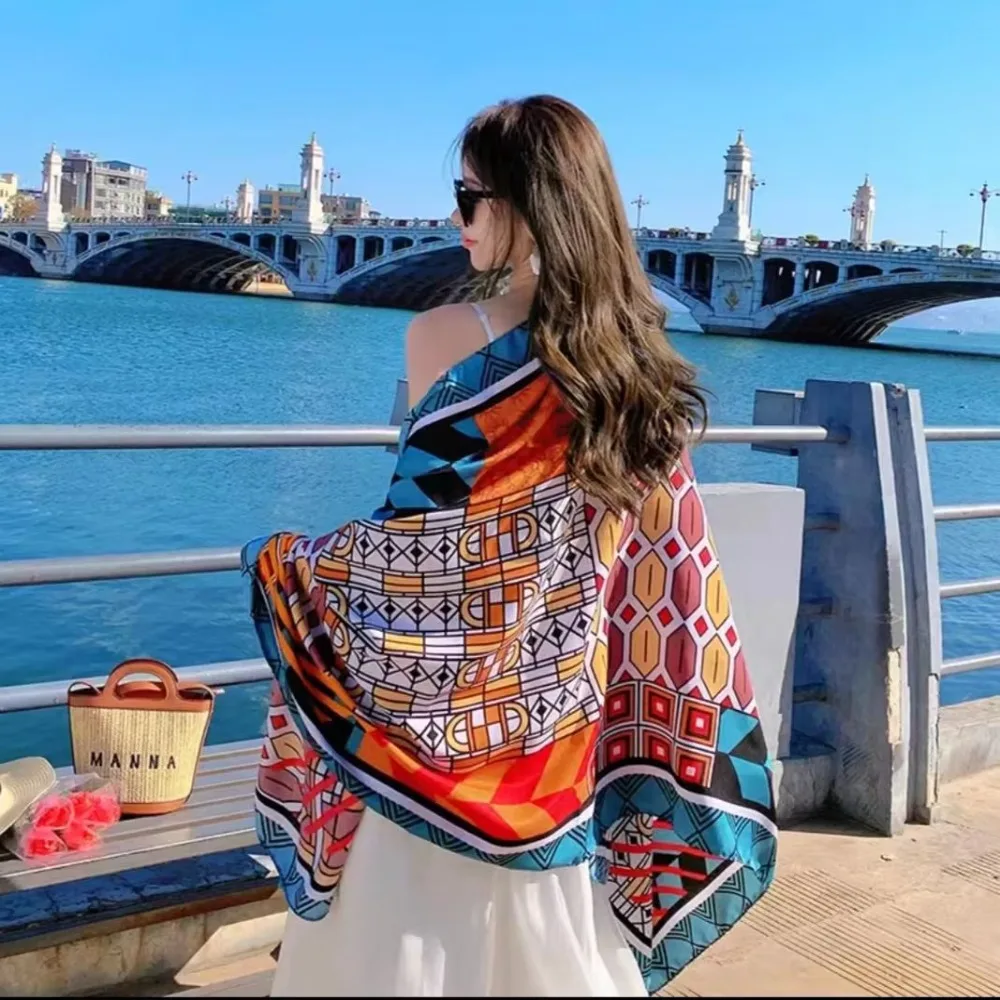 90x180cm Beach Sunscreen Scarve Wrap Long Headband Bathing Cover-ups Sarong Wrap Scarf Bohemian Flower Sun-Resistant