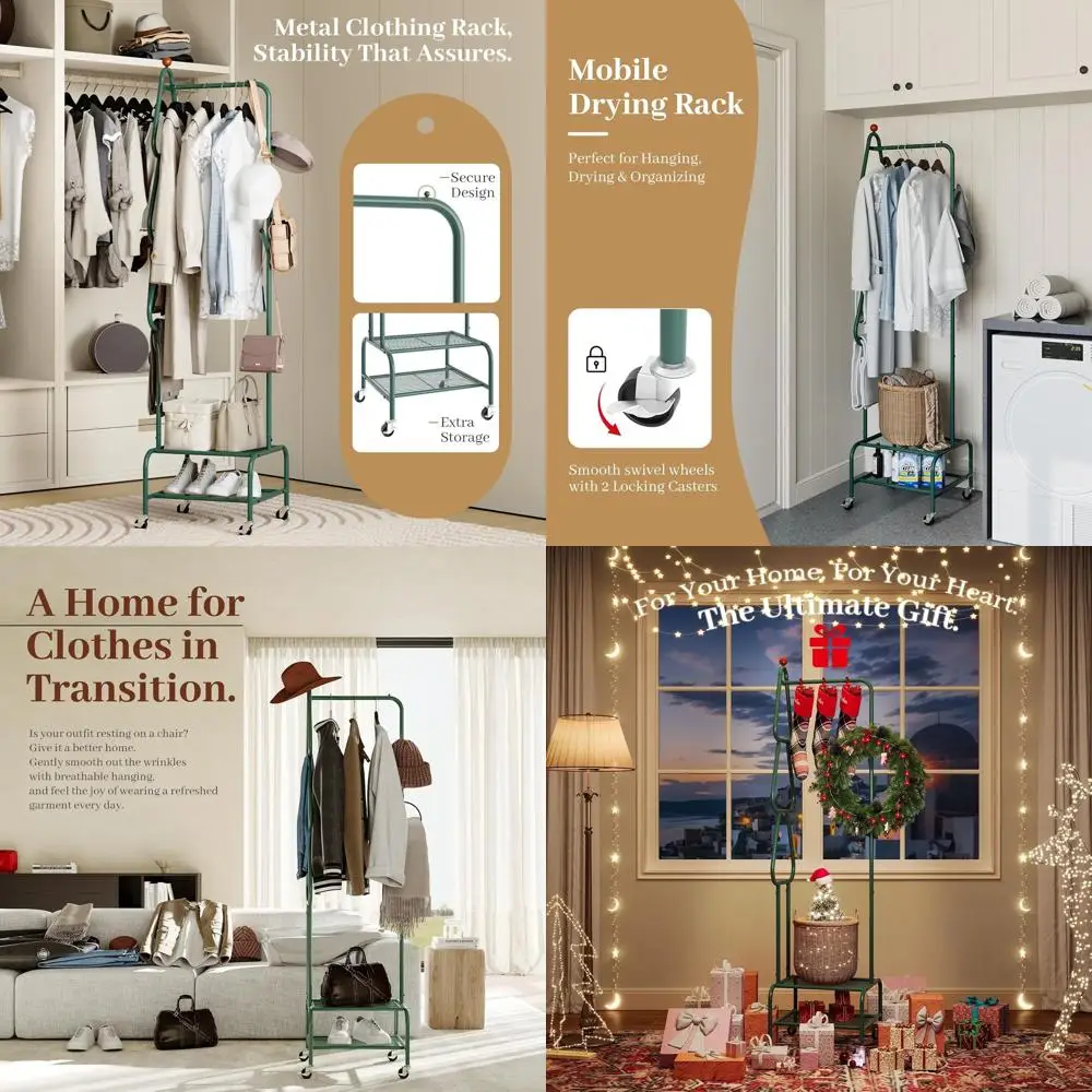

Portable Metal Clothing Rack with Wheels and Shelves, Deep Green, Ideal for Small Spaces and Hanging Garments