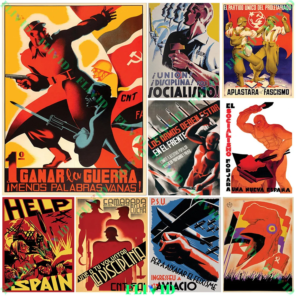 

War Art Wall Print Red Helmet Wall Art Canvas Painting,Spanish Civil War Propaganda Poster And Print Home Decor Unframed