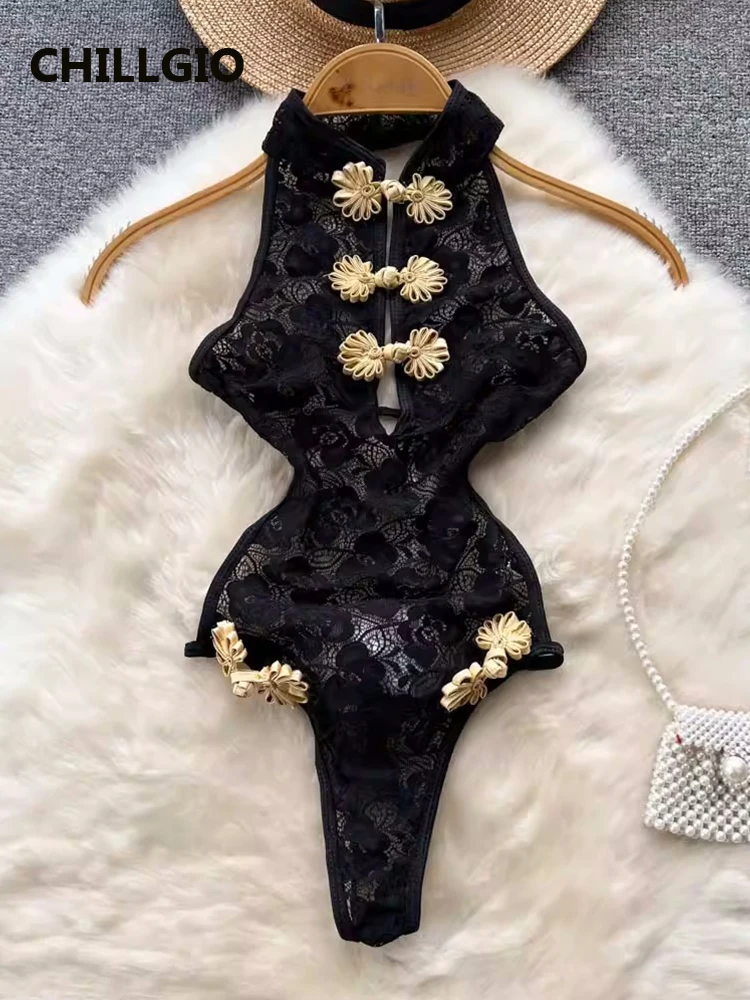 

CHILLGIO Women Cheongsam Floral Bodysuits Sexy Halter Erotic One Piece Catsuits Vintage Fashion Tranparent Combination Rompers