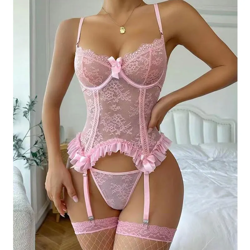 Delicate 3-Piece Garter Belt Set Seamless Intimate Lingerie For Women Wire-Free Bra One-Piece Panties, And Knee-High Socks Sets