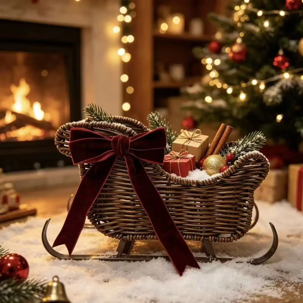 Rattan Woven Christmas Sled Ornament, Tabletop Sleigh Decor with Red Velvet Bow, Xmas Holiday Home Table Display