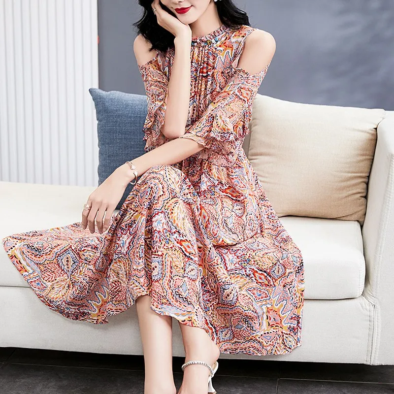 Summer New Floral Soft Pure Mulberry Silk Dress Swing Slim A-line Pullover Ladies Vacation Style Off-the-shoulder Thin Dresses image 4