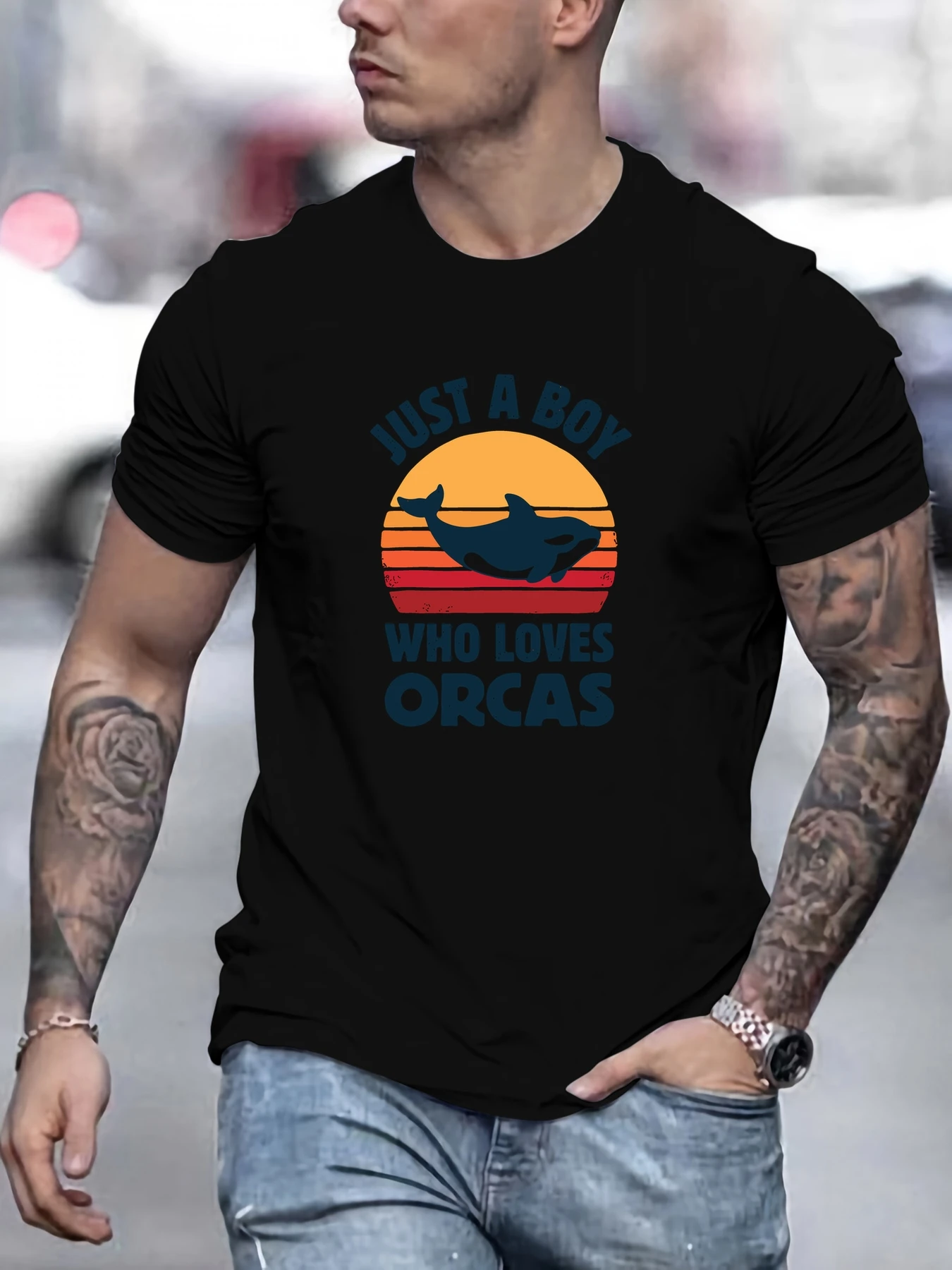 

Men's Just a Boy Who Loves Orcas Pattern Summer Casual Crew Neck Short T-Shirt