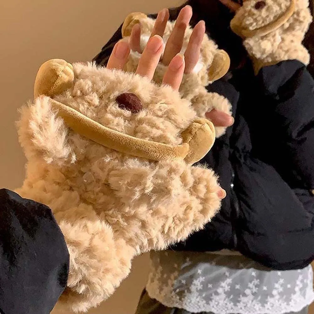 

Милые перчатки-мишки с откидным верхом из акриловых волокон, утолщенные, зимние, плюшевые, теплые, ветрозащитные, морозостойкие, подарки