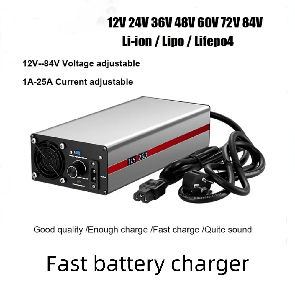 1A to 25A 12V to 84V 36V 48V 60V 72V 87.6V Lithium Li-ion Lifepo4 Battery Charger Adjustable Voltage Power Fast Charge